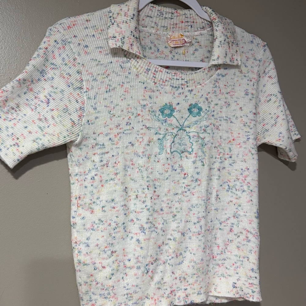 vintage floral collared soft embroidered dreamy 90s stretchy knit - Picture 4 of 5